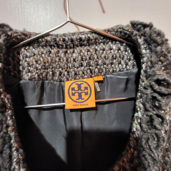 Tory Burch Retail $595 Grey Blue Tweed Pattern Fringe Trim Jacket Size 8 - Picture 7 of 10